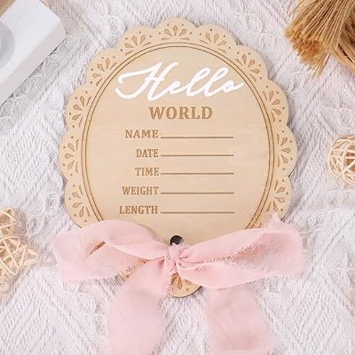 Whaline Baby Birth Announcement Sign Wooden Newborn Welcome Board Milestone Card for Birthday Baby Shower Photo Prop Keepsake