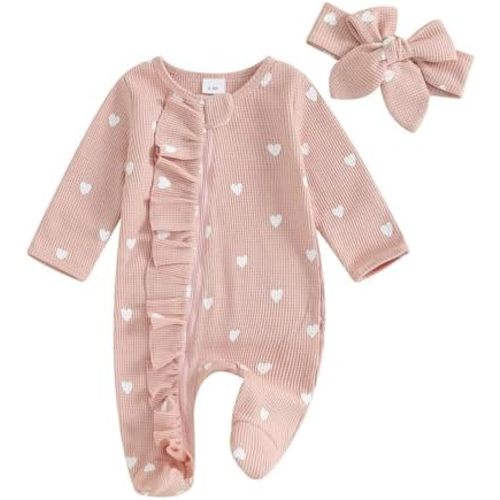 My First Valentines Day Baby Girl Outfit Newborn Footie Romper Heart Bodysuit + Headband Infant One Piece Outfit