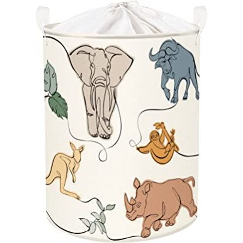 Clastyle 45L Art Animals Elephant Deer Laundry Basket Safari Clothes Laundry Hamper with Handle for Bedroom Monkey Giraffe Beige Toy Storage Basket, 14.2x17.7 in