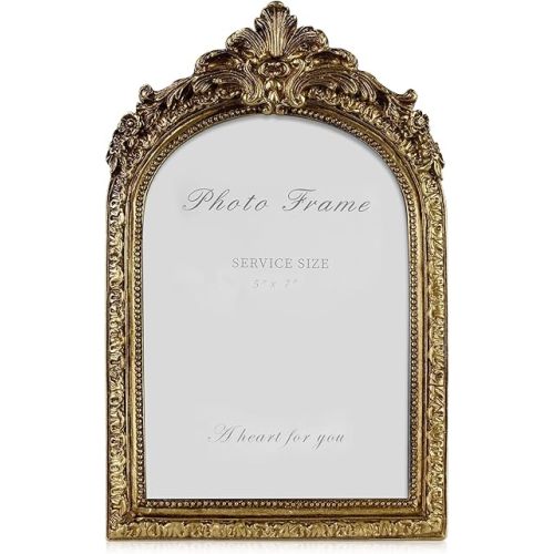 Cuspin Vintage Picture Frames 5x7 Gold Frame, Gold Ornate Resin Photo Frame with Glass Front for Tabletop and Wall Mounting, Antique Arched Picture Frame for Home Decor