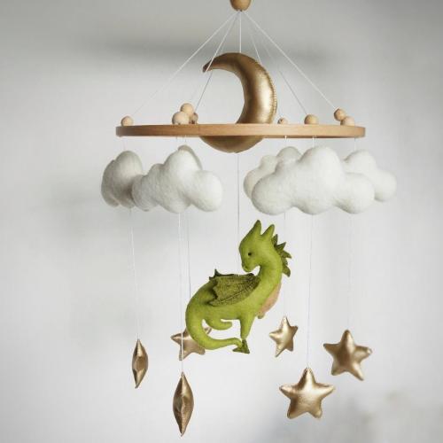 Dragon baby mobile, Dragon nursery baby mobile,  Fantasy baby nursery, Golden moon and stars, Baby shower gift, Hanging cot mobile