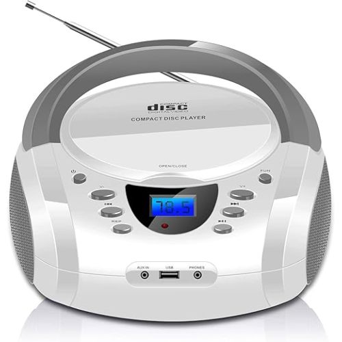 LONPOO CD Player Portable Boombox with FM Radio/USB/Bluetooth/AUX Input and Earphone Jack Output, Stereo Sound Speaker & Audio Player,White