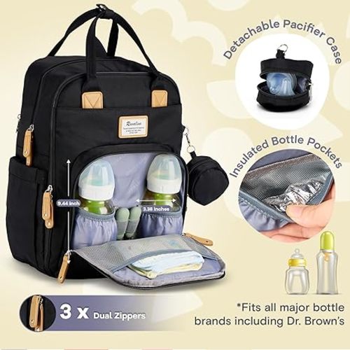 RUVALINO Diaper Bag Backpack, Multifunction Travel Pack Maternity Baby Changing Bags, Large Capacity, Waterproof, Black