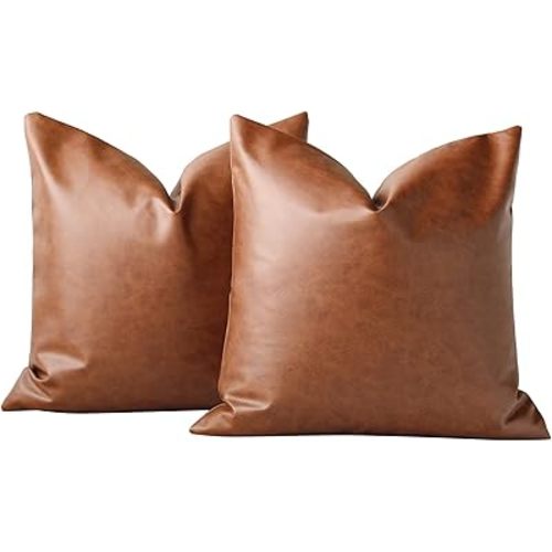 Homefeelzydys Throw Pillow Covers 24x24 Inch Set of 2, Faux Leather Accent Throw Pillow Cover 60x60 inch, Modern Country Farmhouse Style Pillowcase for Bedroom Living Room Sofa Brown Pillows