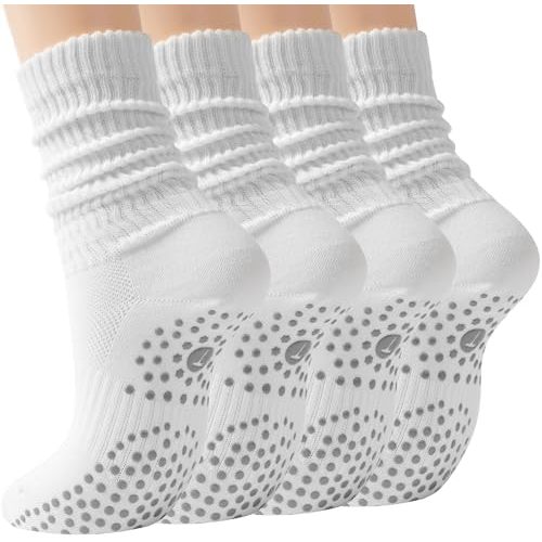 Pilates Slouch Crew Socks for Women, Grip Yoga Socks with Non Slip Grippers for Barre Ballet Dance Hospital Workout