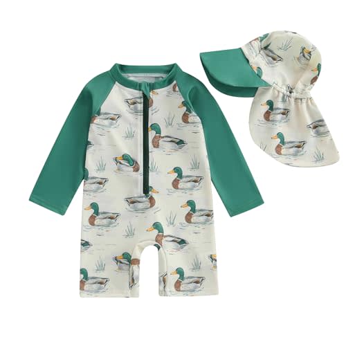 KMBANGI Toddler Baby Boy Mallard Swimsuit Kids Rash Guard Long Sleeve One Piece Bathing Suit Duck Hunting Swimwear with Hat