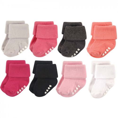 Hudson Baby Infant Girl Cotton Rich Newborn and Terry Socks, Pink Black, 6-12 Months