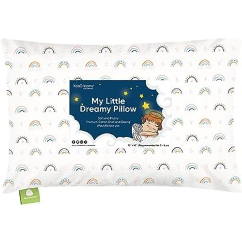 Toddler Pillow with Pillowcase - 13x18 My Little Dreamy Pillow, Organic Cotton Toddler Pillows for Sleeping, Kids Pillow, Travel Pillows, Mini Pillow, Nursery Pillow, Toddler Bed Pillow(Jolly Rainbow)