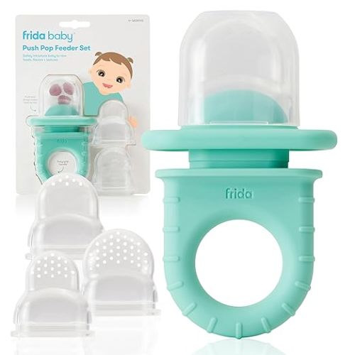 Frida Baby Push Pop Feeder, Baby Fruit Feeder, Baby Fruit Food Feeder to Safely Introduce New Foods, Fresh + Frozen Food Silicone Feeder for Babies, BPA Free, Dishwasher Safe | 3 Count, Teal - 3ct tip - Vibrant Teal