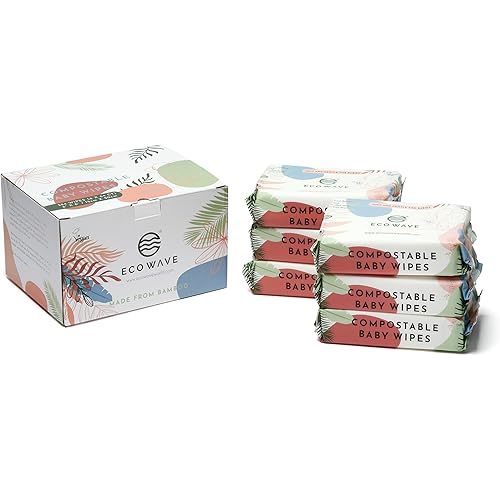 Eco Wave Baby Wipes, 100% Compostable Eco-Friendly Bamboo Wipes, Unscented, Hypoallergenic, Vegan, Alcohol-Free, Suitable For Sensitive Skin (Pack of 6)