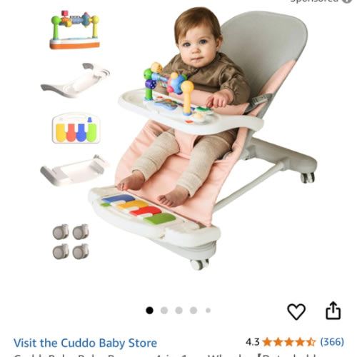 CuddoBaby Baby Bouncer 4-in-1 on Wheels 【Detachable Pianos, Feeding Tray】 3-Level Recline Foldable Seat with Play Bar for Infant to Toddler 0-6, 0-12, 12-24 Months, Girl Gift Idea, Upto 29Lbs - Pink