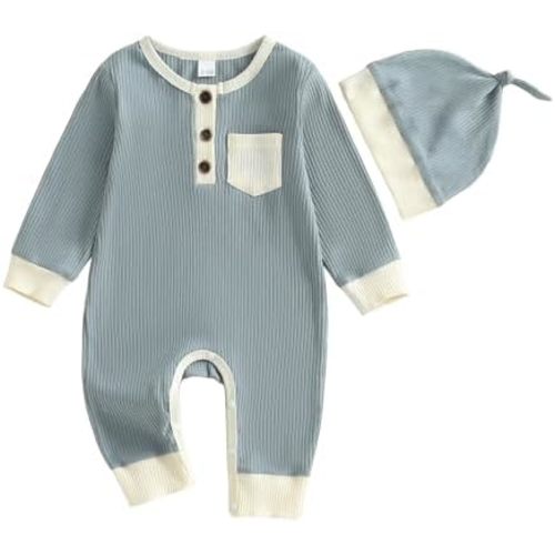 fhutpw Newborn Baby Boy Clothes Ribbed Knit Bodysuit 3 6 Months Infant Fall Long Sleeve Splicing Color Romper Jumpsuit & Hat
