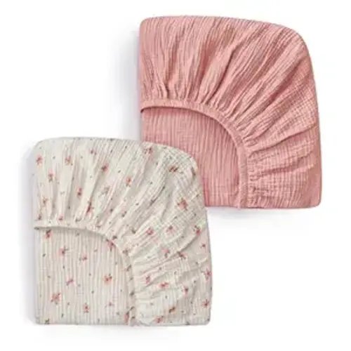 Blissful Diary Muslin Mini Crib Sheets, Pack and Play Mattress Sheets Fitted for Pack N Play, Soft Cotton for Boys Girls, 2 Pack(Pink Floral&Light Pink)