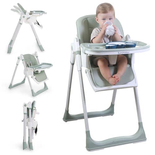 Sunchildor 3 in 1 Baby High Chair with Wheels, Adjustable 5 Point Harness, Tray, Foot Rest, Backrest and Seat Height, Foldable High Chair for Toddlers, Green
