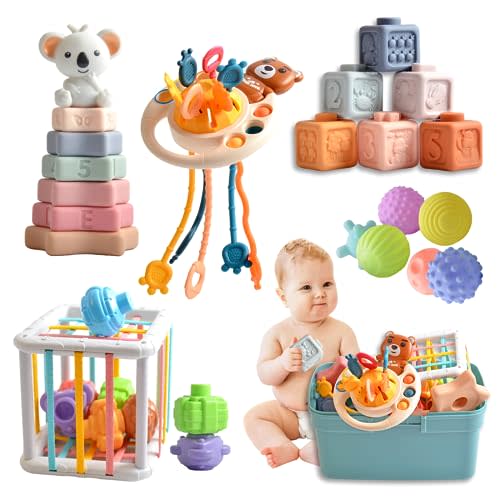 Baby Toys 6 -18 Months,Montessori Toys for Babies 1-2 Years Old,Includes Bear Drawstring Toys, Koala Stacking Blocks & Baby Rattle & 6-Color Squeeze Sensory Balls,Developmental Toys for Children