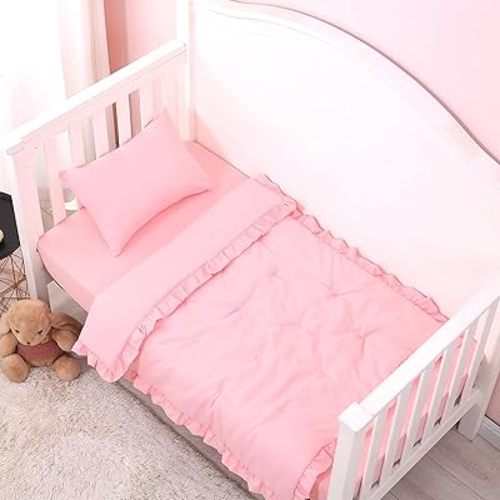 JISEN 3 Piece Crib Bedding Set Soft Baby Crib Bedding Set Ruffle Crib Comforter Set - Crib Quilt Crib Sheet Pillowcase Nursery Bedding Sets for Baby Boys or Girls Pink