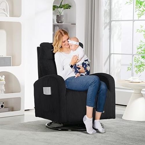 Swivel Glider Chair for Nursery, Modern Rocker Chair with High Back and Storage Pocket, Upholstered Accent Rocking Chair with Solid Metal Base for Living Room, Bedroom (Black Corduroy)