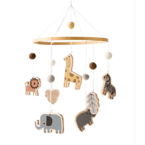 Baby Nursery Wooden Hanging Toy Crib Mobile, Animal Safari