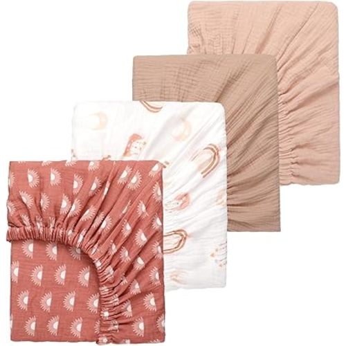 4 Pack Muslin Crib Sheets for Girl Boy, Breathable Cotton Fitted Baby Crib Sheet for Standard Mattress, 28 x 52 Inch(Boho Rainbow & Sun)