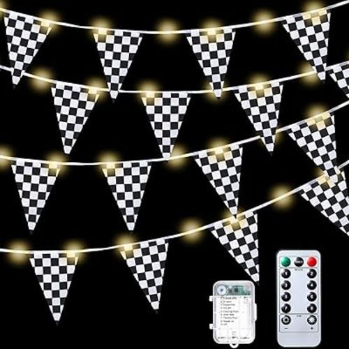 Light up Black and White Checkered Flag Banner, 32.8 ft Racing Flags Plastic Race Checkered Pennant Banner with 8 Light Modes for Race Themed Party Decorations Supplies