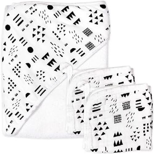 HonestBaby unisex baby 3-Piece Organic Cotton Hooded Towel & Washcloth Set Bandana, Pattern Play, One Size US