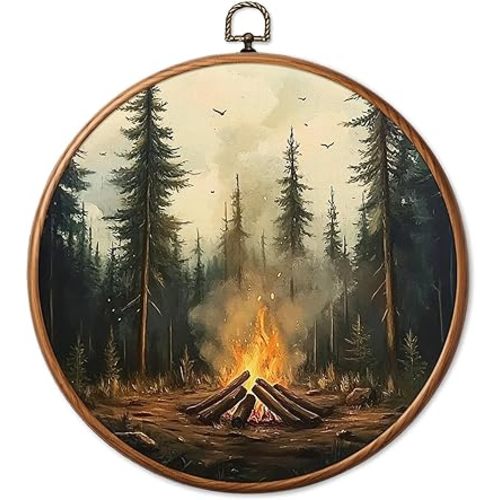 Chicimln Moody Forest Camping Round Wall Art Framed Canvas Prints, Vintage Rustic Nature Campfire Circle Wall Hanging Decor for Camper Cabin Home Living Room 10x10 Inch