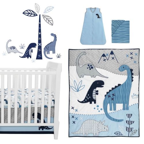 Lambs & Ivy Baby Dino Blue/White Dinosaur Nursery 6-Piece Crib Bedding Set