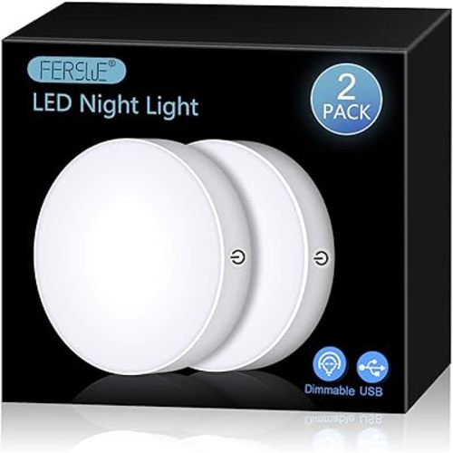 Ferswe Rechargeable Tap Lights, Dimmable Touch Night Lights with 1000mAh Large Battery, Stick on Light for Closet, Bedroom, Bathroom and Cabinet (2 Pack)