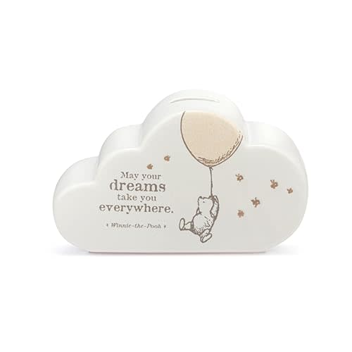 DEMDACO Pooh Classic Yellow Bear, 6.5 x 4 Inch, Classic White and Brown, Ceramic Stoneware, Savings Bank, Dreams Take You Everywhere