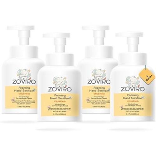 Zoviro Foaming Hand Sanitizer, 9.5oz Pump Bottle, Alcohol-Free, Citrus Fresh Scent, Moisturizing with Aloe, Non-sticky, No Rinse (PACK OF 4)