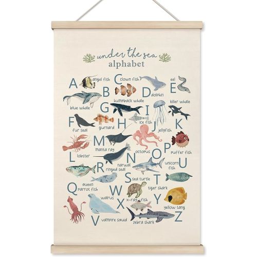 HRQKO Ocean Alphabet Poster Hanger Frame, Ocean Nursery Decor, Sea Animal Wall Decor, ABC Poster Wall Art with Wooden Frames, Alphabet Banner Wall Hanging Decor for Classroom Boys Playroom,16x24 Inch