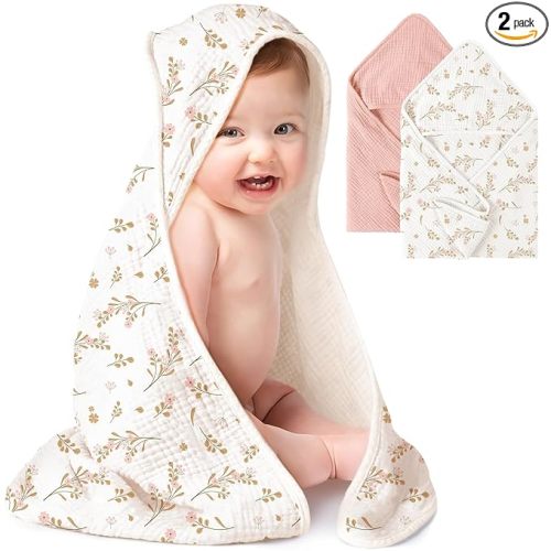 Konssy 2-Pack Muslin Hooded Baby Towels, 100% Cotton, Ultra-Soft & Absorbent Baby Bath Towels with Hood for Newborn & Infant (Pink, Floral,32" x 32")