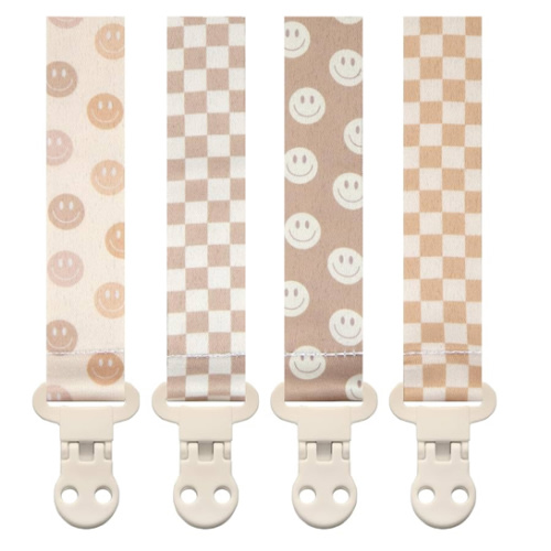 Baby Pacifier Clip Holder - Girl or Boy Unisex 4 Pack Gift Set - Retro Checker and Smiley Faces Design