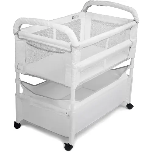 Arm’s Reach Clear-Vue Co-Sleeper Bedside Bassinet Featuring Clear Mesh Panels with Fold-Down Side, Large Attached Storage Basket, 4 Wheels, and Height-Adjustable Legs, White