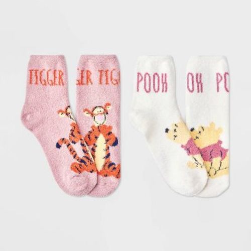 Women's Disney Winnie The Pooh 2pk Cozy Ankle Socks - Ivory/Pink 4-10: Knit Midweight Crew