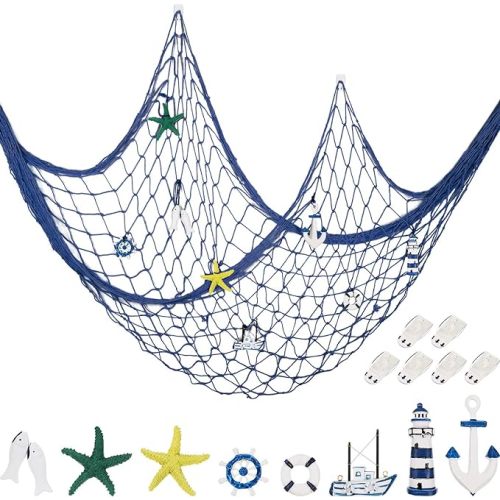 Decorative Fishnet Nautical Fishing Net Wall Hanging Decor, 8 Pieces Starfish, Sailboat, Lighthouse, Life Ring, Rudder, with Transparent Hook for Mermaid Mediterranean Party (Blue)