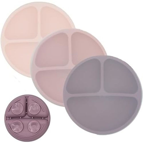 WeeSprout Suction Plates with Lids for Babies & Toddlers, 100% Silicone Dinnerware Stays Put, Divided Design for Picky Eaters, Microwave & Dishwasher Friendly, 3 Pack (Matte Pink, Purple, Blush Pink)