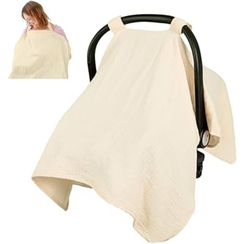 2 in 1 Muslin Infant Car Seat Cover, Multi-Purpose Breastfeeding Covers for Nursing, Breathable Carseat Cover for Baby Girls, Beige