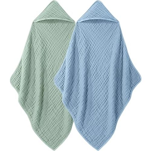 Looxii Baby Bath Towels 2 Pack Muslin Hooded Baby Towels for Newborn and Infants, 100% Cotton, Large 32x32Inch, Soft and Absorbent Blue+Green