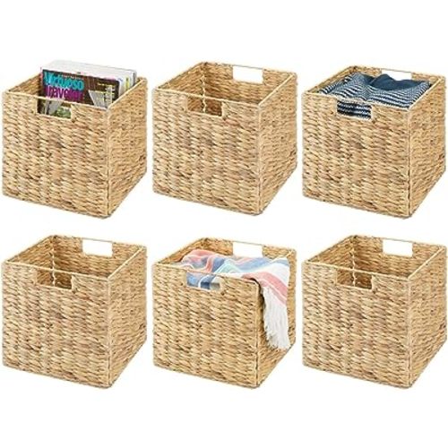 mDesign Natural Woven Hyacinth Cube Organizer Basket with Handles, Storage for Bathroom, Laundry Room Shelf or Nursery - Perfect for Cubby Storage Units - Hold Blankets and Books - 6 Pack, Natural/Tan