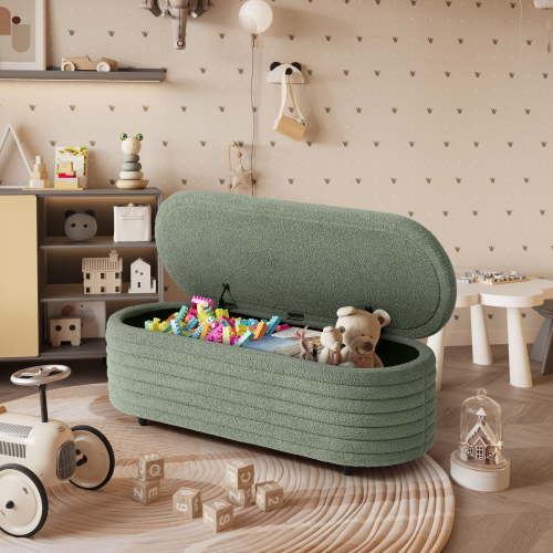 WestinTrends 54" Wide Mid-Century Modern Upholstered Teddy Sherpa Tufted Oval Storage Ottoman Bench, Ice Green