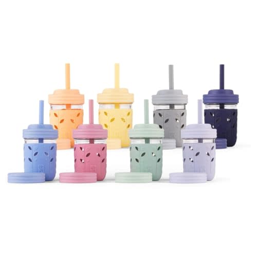 Elk and Friends Kids & Toddler Cups | The Original Glass Mason jars 8 oz with Silicone Sleeves & Silicone Straws with Stoppers | Smoothie Cups | Spill Proof Sippy Cups for Toddlers