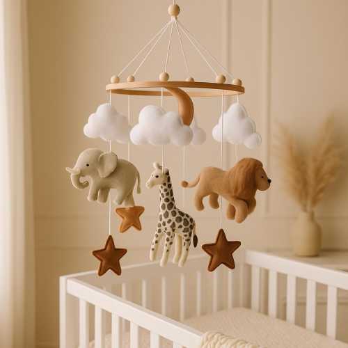Safari baby mobile with rainbow and realistic felt animals, lion giraffe zebra elephant crib mobile, hanging ceiling mobile for newborn gift