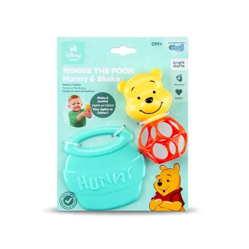 Disney Baby Winnie The Pooh Hunny & Shake Rattle & Teether by Bright Starts, Stroller Toy for On The Go, Newborns & Up
