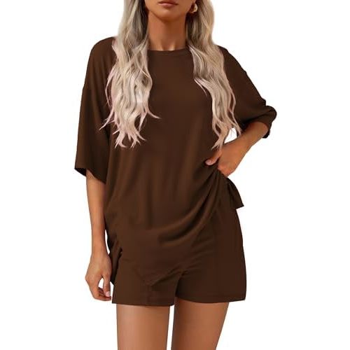 KIRUNDO 2 Piece Sets for Women Summer Lounge Sets Casual Oversized Tshirts Shorts Matching Airport Travel Outfit Postpartum
