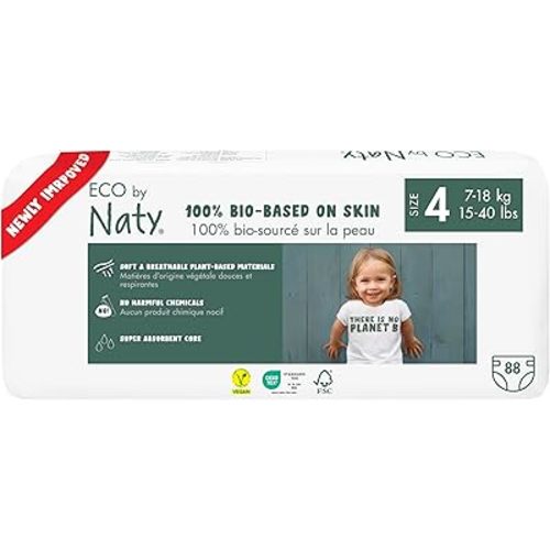 Eco by Naty Eco-Friendly Baby Diapers - 100% Plant-Based Materials on Skin, Soft, for Sensitive Skin & Super Absorbent (Size 4, 88 Count)