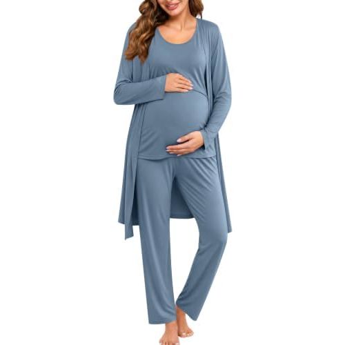 SWOMOG Maternity Nursing Robe Set 3 PCS Women Postpartum Pajamas Breastfeeding Labor Delivery Hospital Pregnancy Pjs