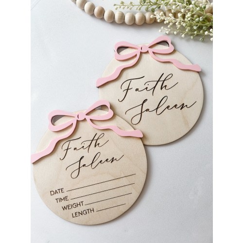 Bow Baby Name Announcement Sign, Bow Engraved Baby Name Reveal Plaque, Baby Bow Birth Sign, Newborn Photo Prop Wood