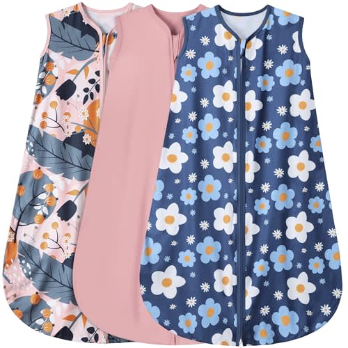 BSTOPPT 3 Pack Baby Sleep Sack 100% Rayon Cotton Baby Sleeping Bag 2-Way Zipper Toddler Wearable Blankets TOG 0.3. (Gerbera&Tulips&Pink, 18-24 Months)