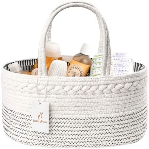 luxury little Diaper Caddy Organizer, Large Cotton Rope Nursery Baby Basket, Changing Table Organizer for Baby Diaper Storage, Portable Car Organizer with Removable Divider, Baby Shower Gifts - White